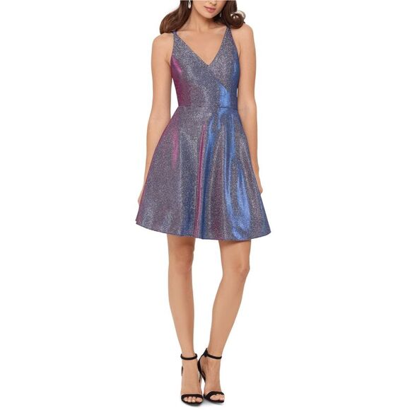 XSCAPE Womens Gray Glitter Zippered Spaghetti Strap V Neck Mini Party Fit + Flare Dress